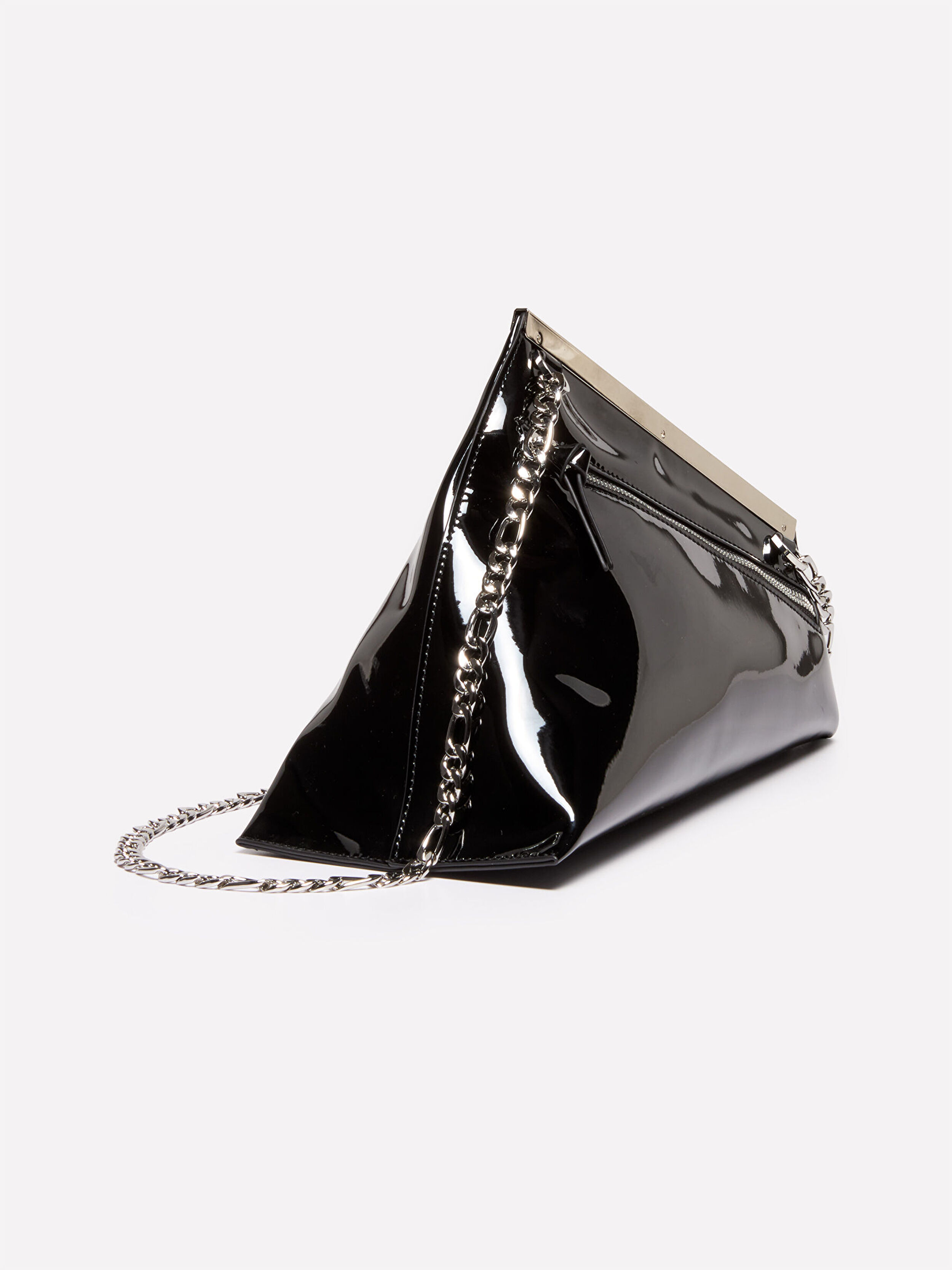 Resim Kadın Siyah Çıkarılabilir Zincir Askılı Parlak Suni Deri Omuz/El Çantası