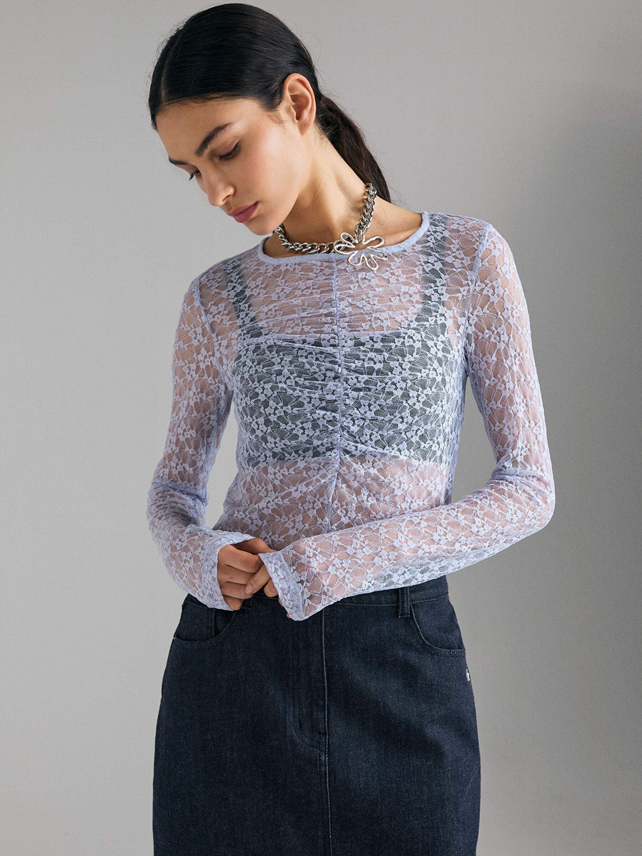 Resim Kadın Açık Lila Önü Büzgü Detaylı Bisiklet Yaka Sweatshirt