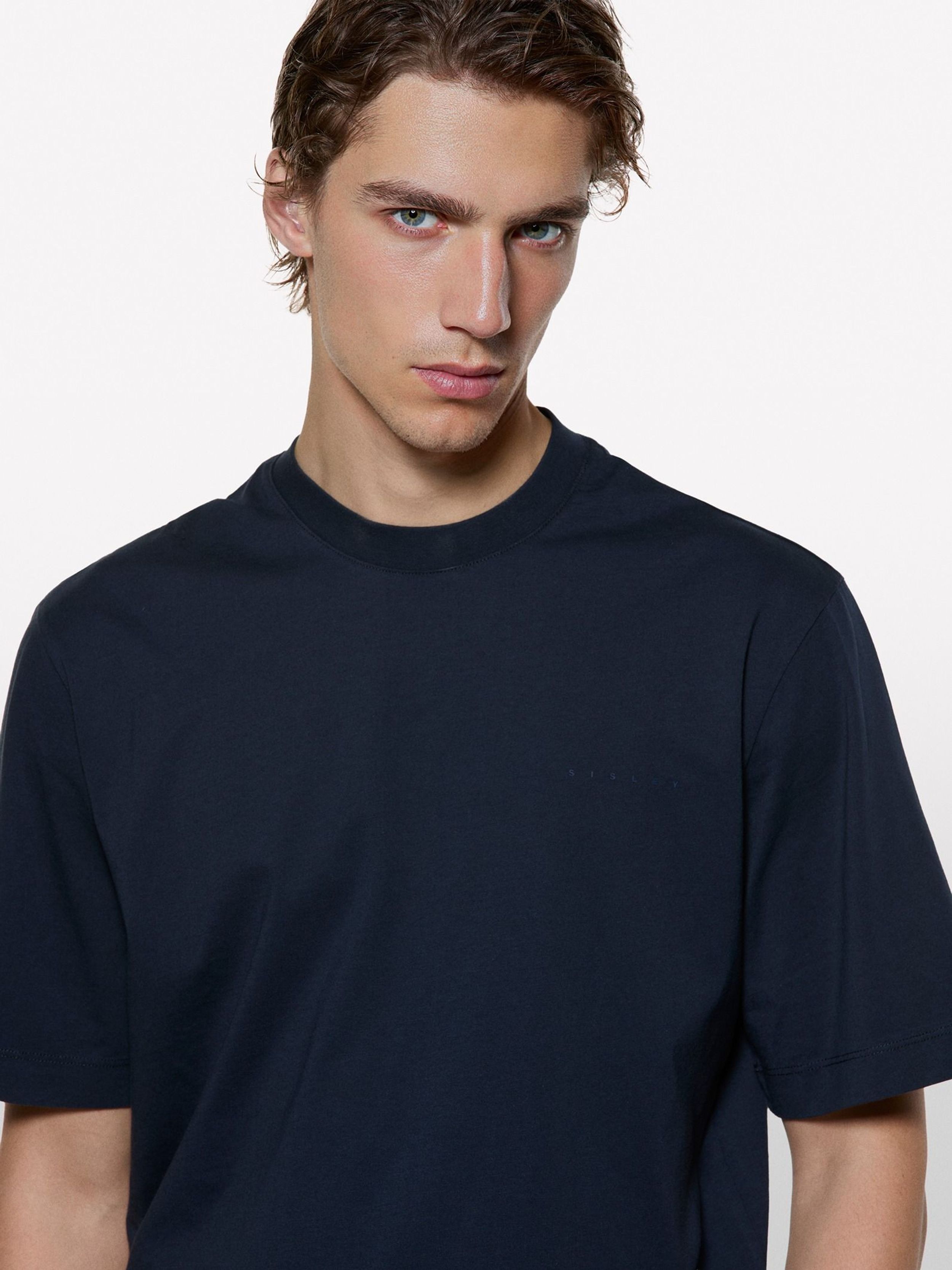 Resim Erkek Lacivert %100 Pamuk Etiket Detaylı Bisiklet Yaka T-Shirt