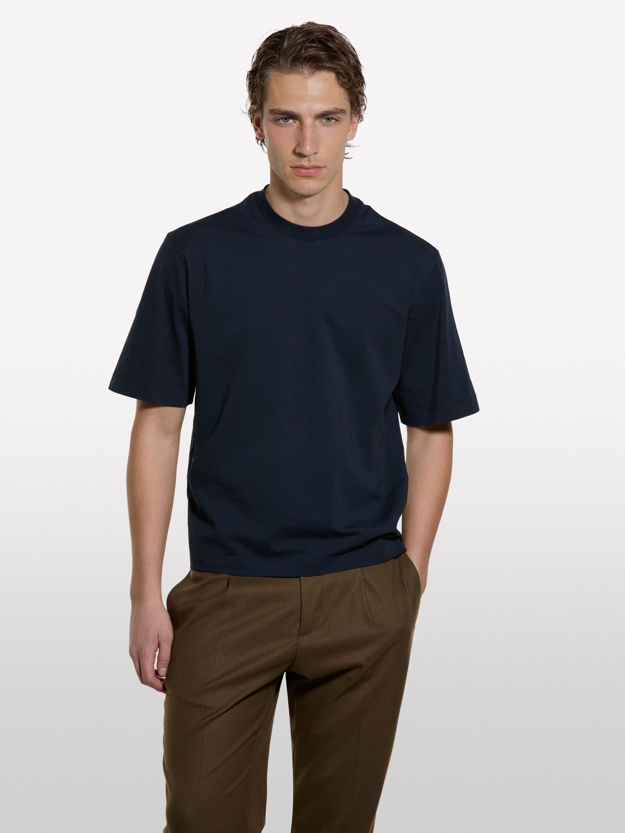 Resim Erkek Lacivert %100 Pamuk Etiket Detaylı Bisiklet Yaka T-Shirt