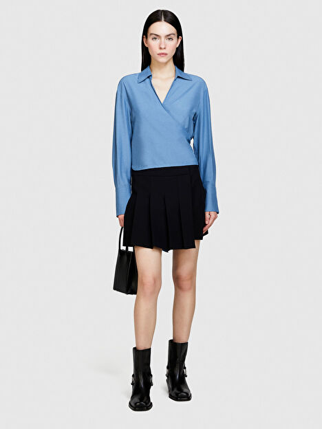 Kadın Açık Mavi Viskoz Karışımlı Arkası Uzun Gömlek Yaka Çapraz Bluz 324P55EBLQ064-11W