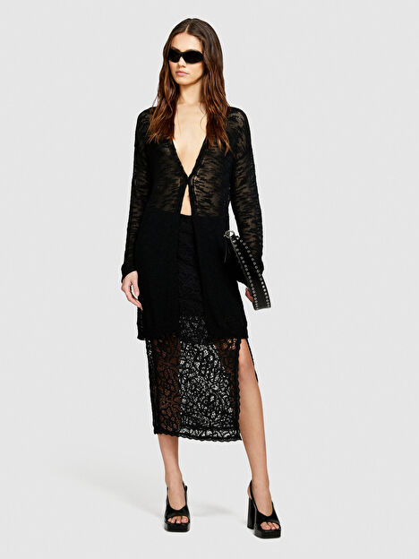 Kadın Siyah Pamuk Karışımlı İki Dokulu Yanları Yırtmaçlı Midi Kalem Etek 324P41BLL0022-100