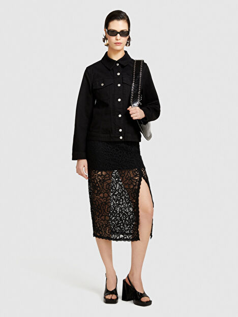 Kadın Siyah Pamuk Karışımlı Yama Cepli Çıtçıtlı Denim Ceket 324P2TLALN04A-800