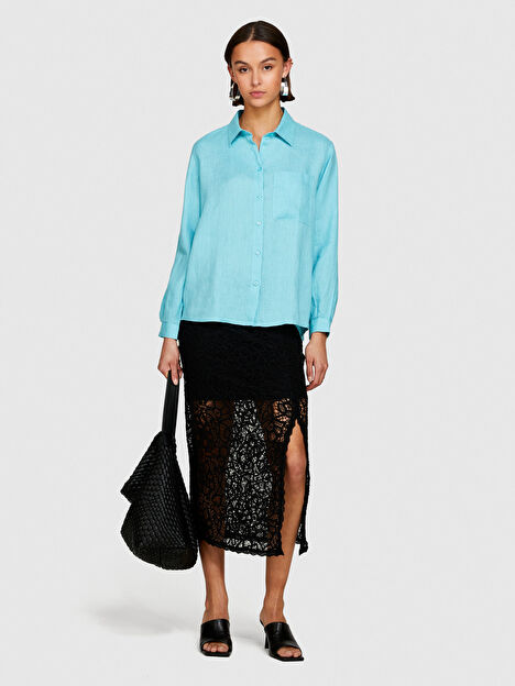 Kadın Açık Mavi %100 Keten Düğmeli Göğüs Cepli Uzun Kollu Gömlek 324P5BMLLQ06S-2B0