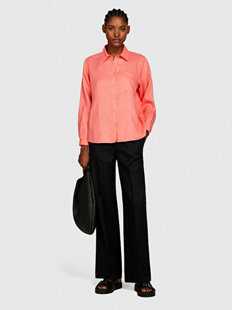 Kadın Mercan %100 Keten Düğmeli Göğüs Cepli Uzun Kollu Gömlek 324P5BMLLQ06S-37N