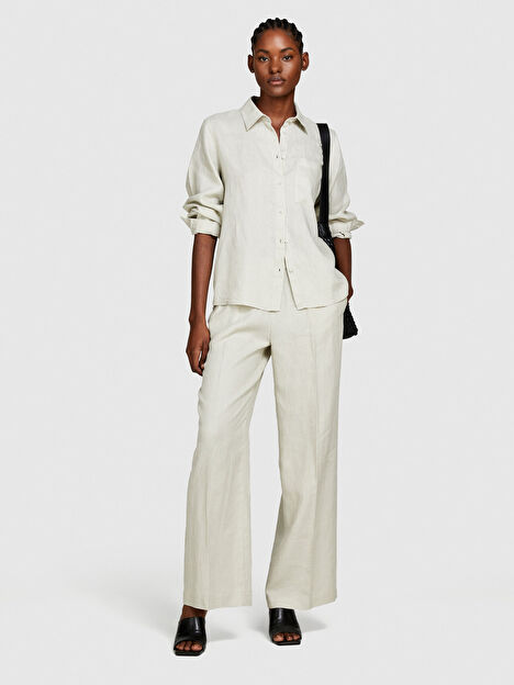 Kadın Bej %100 Keten Düğmeli Göğüs Cepli Uzun Kollu Gömlek 324P5BMLLQ06S-38U