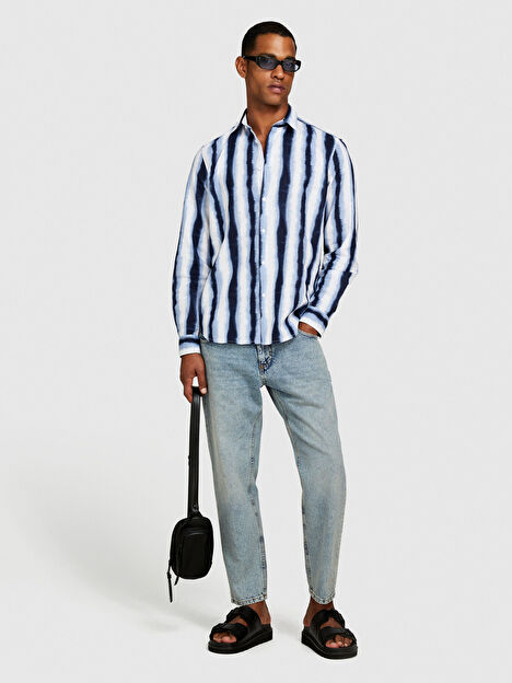 Erkek Mavi Mix Keten Pamuk Karışımlı Tamamı Desenli Slim Fit Gömlek 324P57BXSQ03M-901