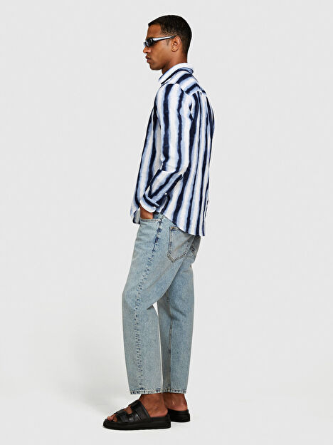 Erkek Mavi Mix Keten Pamuk Karışımlı Tamamı Desenli Slim Fit Gömlek 324P57BXSQ03M-901