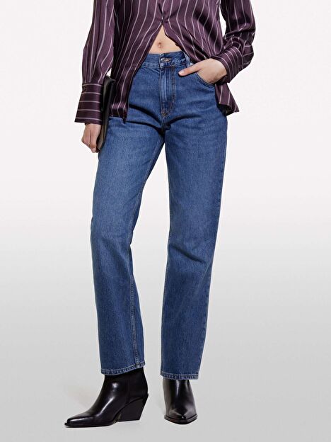 Resim Kadın İndigo %100 Pamuk Beş Cepli Düz Paça Normal Bel Denim Pantolon