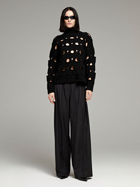 Kadın Siyah Yün Karışımlı Delik Detaylı Balıkçı Yaka Kazak 324A15ZTM105G-100