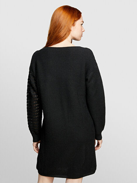 Kadın Siyah Yün Karışımlı Dikiş Detaylı Kayık Yaka Midi Elbise 324A1076MV00W-700