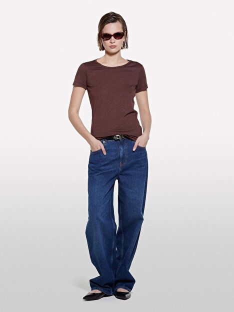 Resim Kadın Koyu kahverengi Pamuk Modal Karışımlı Normal Kalıp Bisiklet Yaka T-Shirt