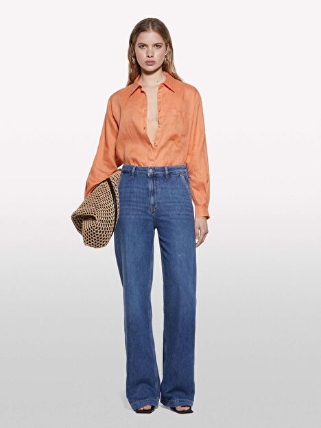 Resim Kadın Koyu Denim Liyosel Karışımlı Wide Leg Pantolon