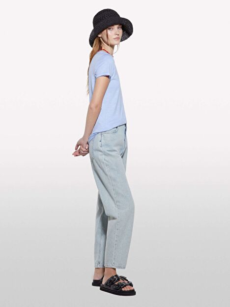 Resim Kadın Açık Mavi Pamuk Modal Karışımlı Bisiklet Yaka T-Shirt