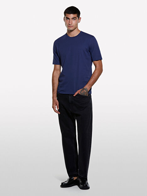 Resim Erkek Koyu Mavi %100 Pamuk Normal Kesim Bisiklet Yaka Kısa Kollu T-Shirt