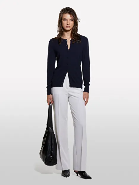 Resim Kadın Lacivert Yün ve Kaşmir Karışımlı Ribana Detaylı Bisiklet Yaka Hırka