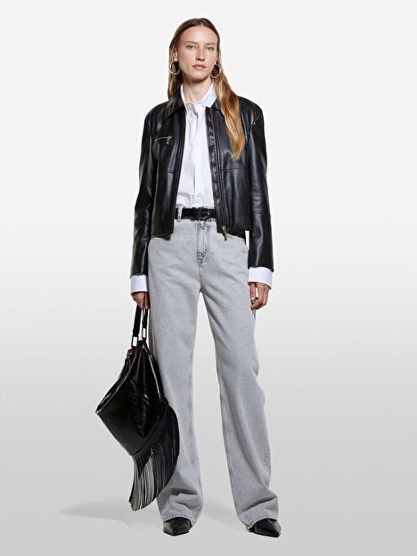 Resim Kadın Siyah Viskoz Karışımlı Deri Görünümlü Fermuarlı Regular Fit Ceket