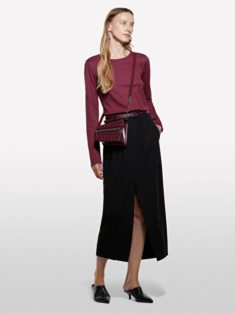 Resim Kadın Bordo Koton & Modal Karışımlı Regular Fit Bisiklet Yaka Uzun Kollu T-Shirt