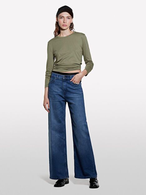 Resim Kadın Haki Yeşili Modal Karışımlı Regular Fit Uzun Kollu T-Shirt