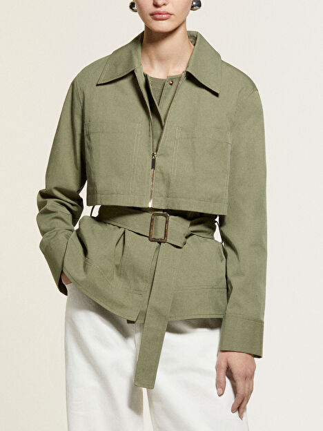 Resim Kadın Haki Yeşili Pamuk Karışımlı Pelerinli Bağlamalı Astarlı Kısa Parka