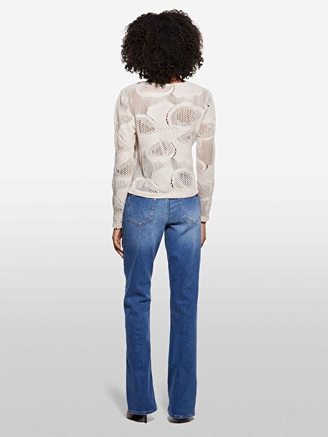 Resim Kadın Ekru Pamuk Karışımlı Delik Detaylı Uzun Kollu T-Shirt