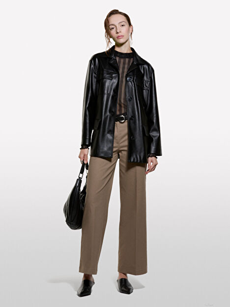 Resim Kadın Kahverengi Pamuk Karışımlı Wide Leg Fit Streç Gabardin Pantolon