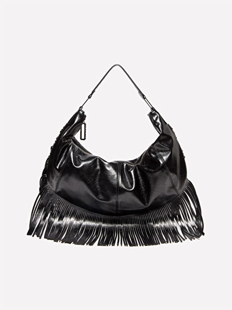 Resim Kadın Siyah Logo Detaylı Püsküllü Metal Fermuarlı Eco Deri Omuz Çantası
