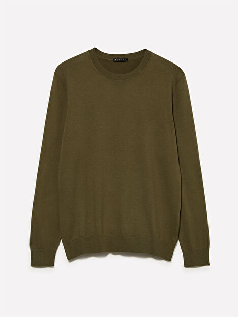 Resim Erkek Haki Yeşili Pamuk Karışımlı Normal Kesim Uzun Kollu Ribanalı Kazak