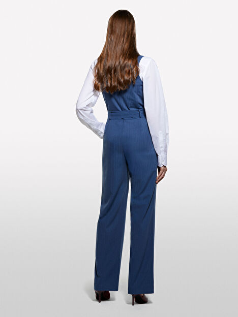 Resim Kadın Koyu Mavi Astarı %100 Pamuk Önü Düğmeli Kemerli V Yaka Tulum