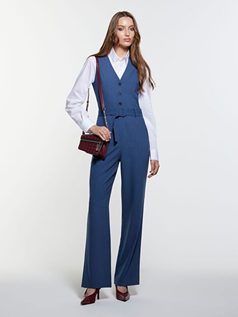 Resim Kadın Koyu Mavi Astarı %100 Pamuk Önü Düğmeli Kemerli V Yaka Tulum