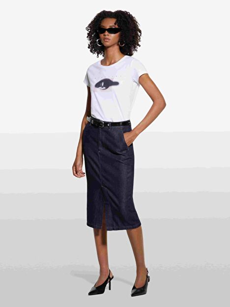 Resim Kadın Antrasit Pamuk ve Liyosel Karışımlı Yüksek Bel Midi Denim Etek