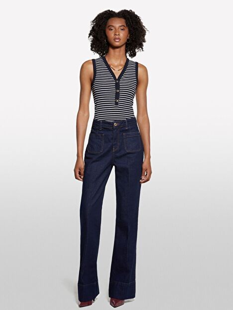 Resim Kadın Lacivert Pamuk Karışımlı Önü Yama Cepli Bol Paça Denim Pantolon