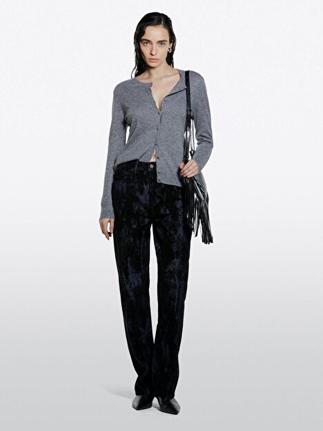 Resim Kadın Gri Yün ve Kaşmir Karışımlı Ribana Detaylı Bisiklet Yaka Hırka