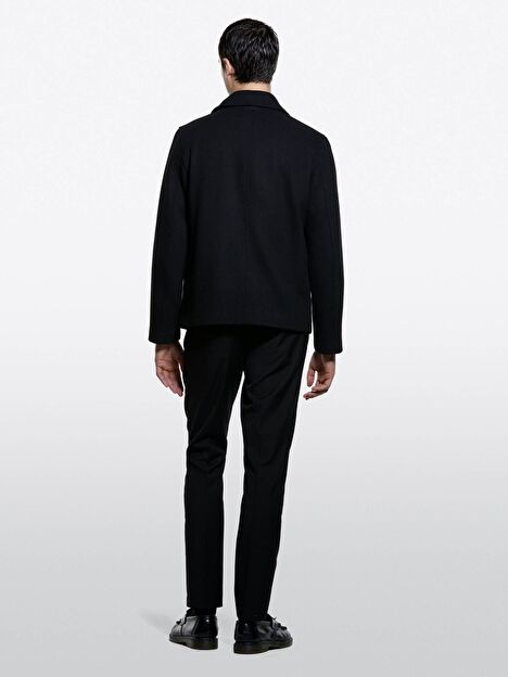 Resim Erkek Siyah Yün Karışımlı Düğmeli Cepli Kruvaze Kısa Kaban