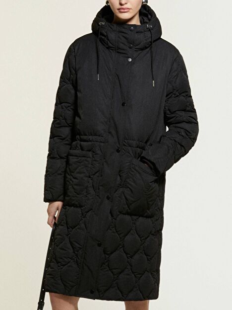 Resim Kadın Siyah Kapitone Kapüşonlu Straight Fit Suni Kaz Tüyü Uzun Mont