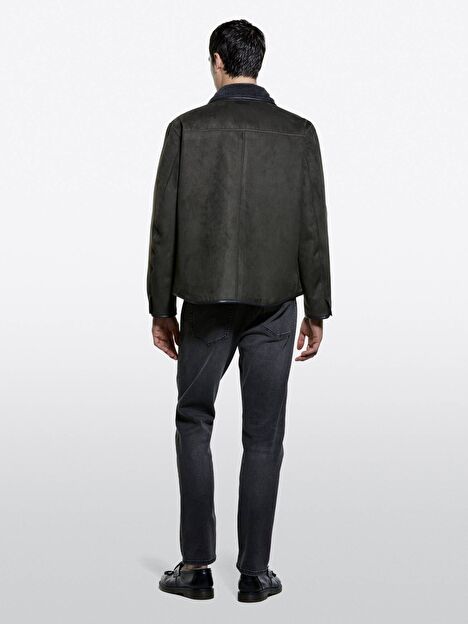 Resim Erkek Koyu Kahverengi Çıtçıtlı Cepli Dik Yaka Ceket