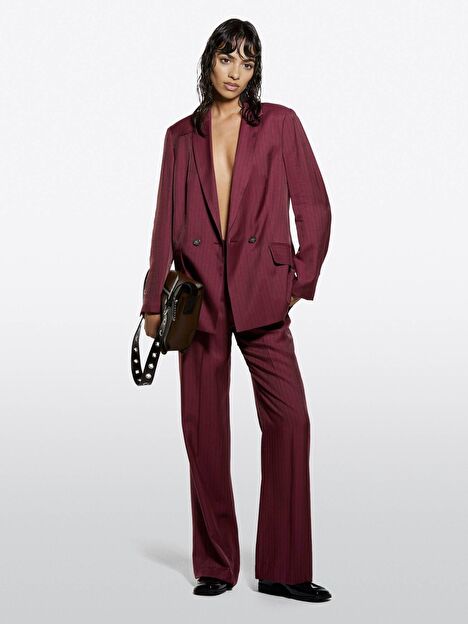 Resim Kadın Bordo Viskoz Karışımlı Çizgili Düğmeli Palazzo Pantolon