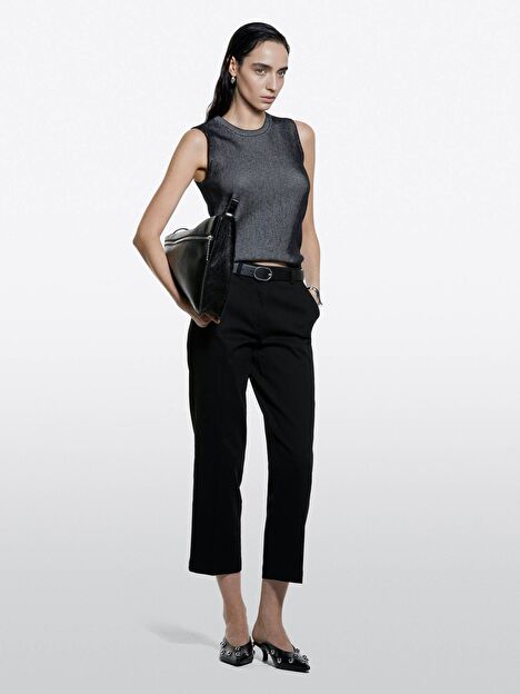Resim Kadın Siyah Pamuk Karışımlı Normal Kesim Yüksek Bel Pantolon