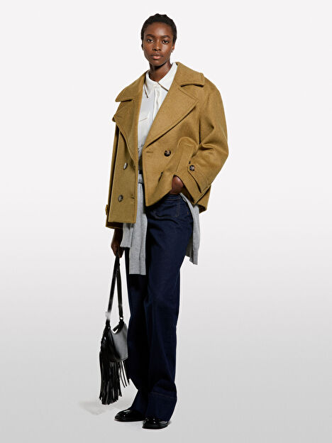 Resim Kadın Haki Yeşili Yün Karışımlı Manşet Detaylı Kruvaze Dik Yaka Kısa Kaban