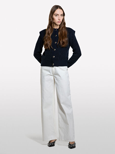 Resim Kadın LAcivert Yün ve Alpaka Karışımlı Düğmeli Ribanalı Teddy Hırka