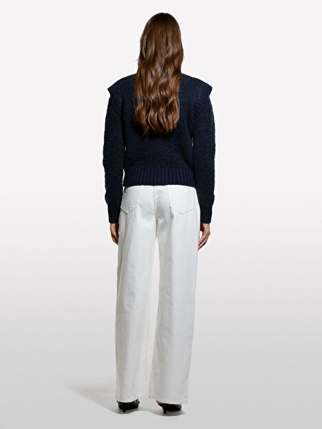 Resim Kadın LAcivert Yün ve Alpaka Karışımlı Düğmeli Ribanalı Teddy Hırka