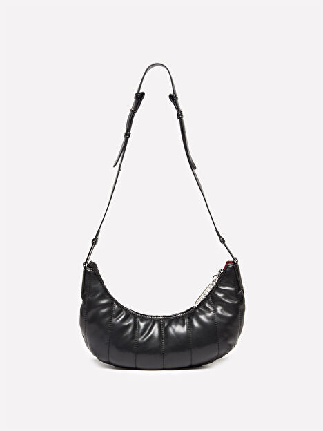 Resim Kadın Siyah Kabarık Dikiş Detaylı Suni Deri Ayarlanabilir Omuz Çantası