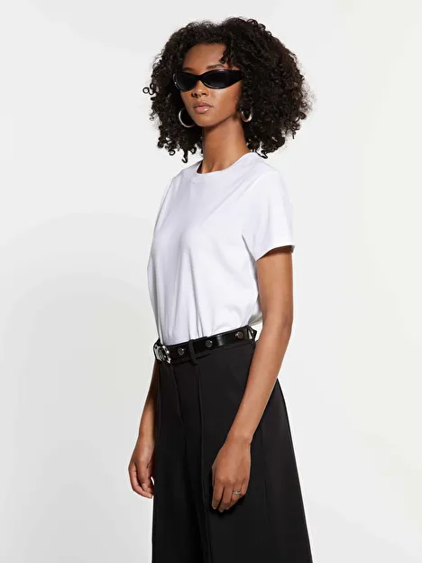 Resim Kadın Beyaz %100 Pamuk Bisiklet Yakalı T-Shirt