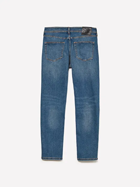 Resim Erkek Mavi Streç Pamuklu Taş Yıkama Orta Bel Slim Fit Denim Pantolon