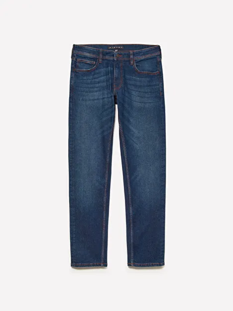 Resim Erkek Koyu Mavi Streç Pamuklu Taş Yıkama Orta Bel Slim Fit Denim Pantolon