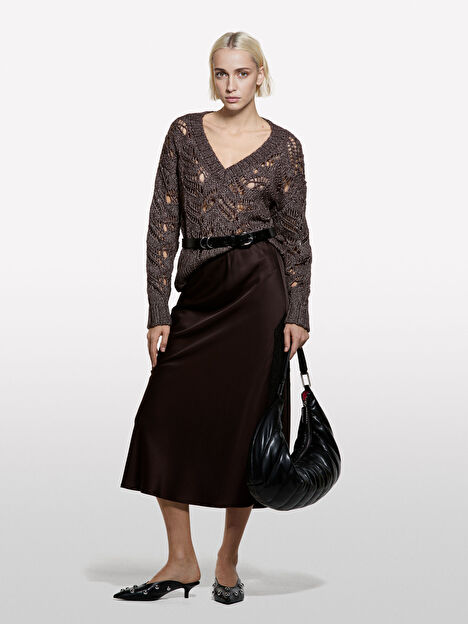 Resim Kadın Kahve Mix  Pamuk ve Yün Karışımlı Delikli V Yaka Kazak