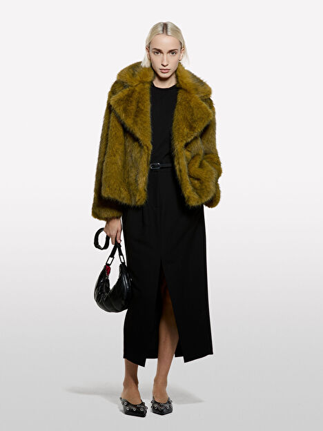 Resim Kadın Haki Yeşili Viskoz Karışımlı Kürk Görünümlü Kruvaze Kısa Ceket