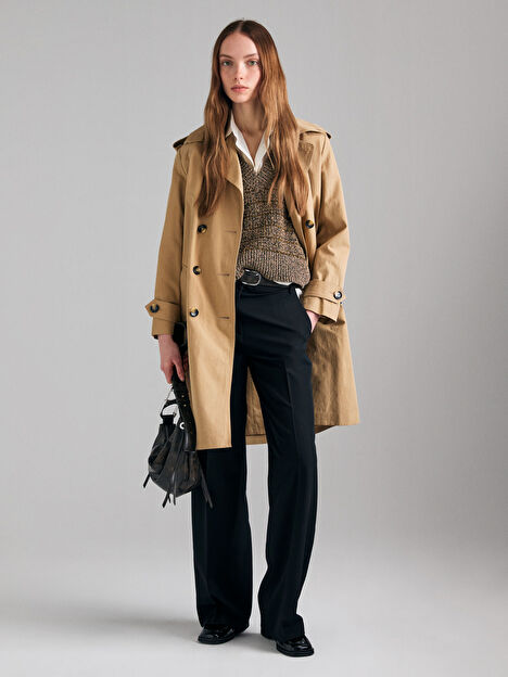 Resim Kadın Kahverengi Pamuk Karışımlı Çizgili V Yaka Süveter