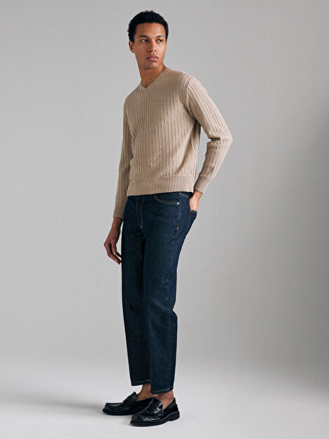 Resim Erkek Lacivert  %100 Pamuk Slim Fit Pileli Denim Pantolon