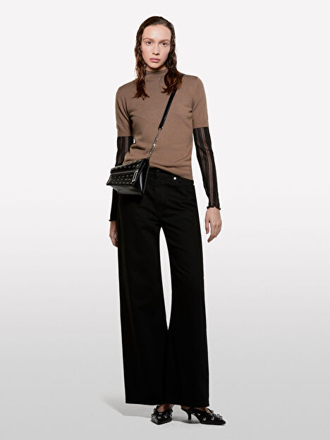 Resim Kadın Kahverengi Yün Karışımlı Yarım Kollu Balıkçı Yaka Kazak